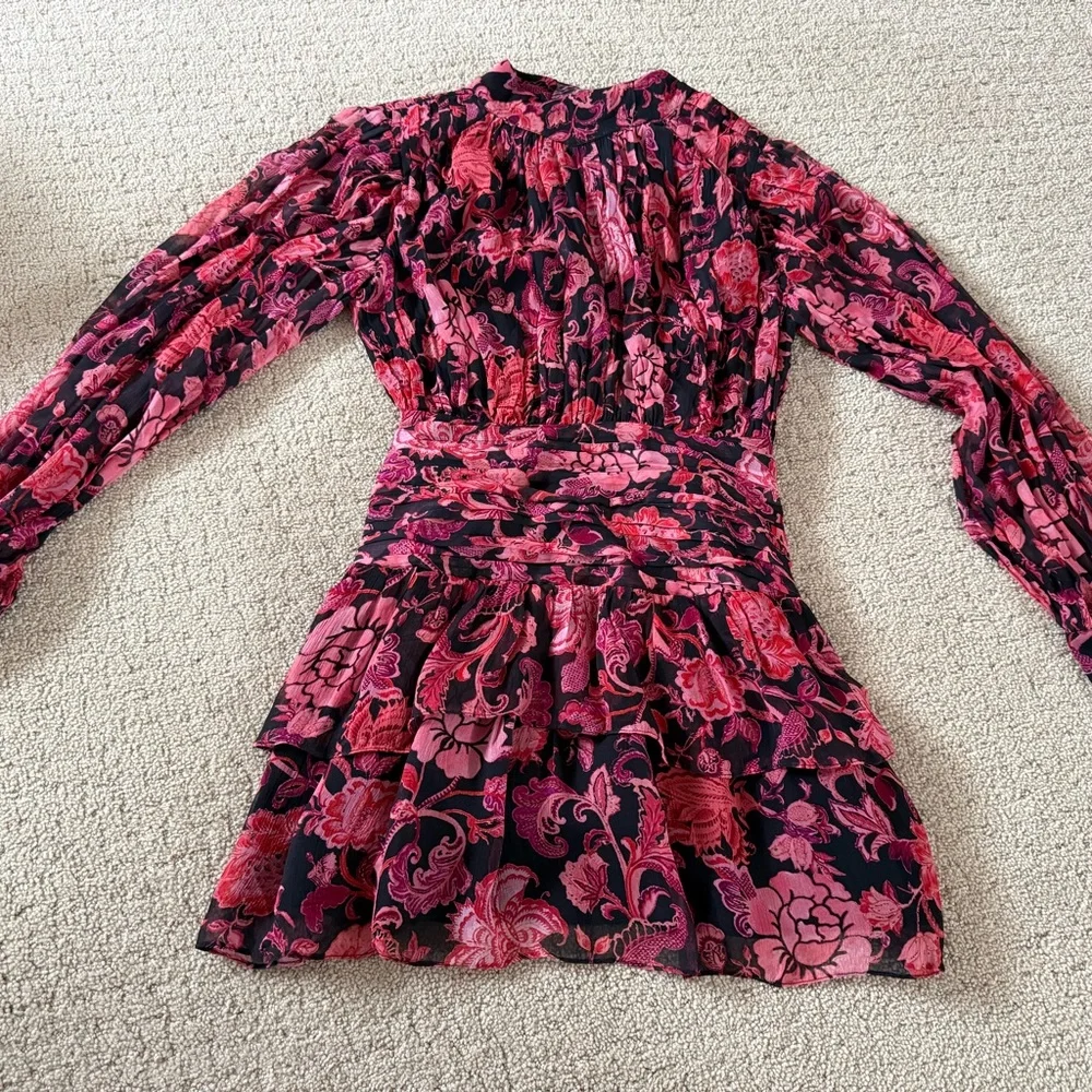 Revolve X HEMANT & NANDITA Crimson Rouched Mini Floral Dress B30 - Picture 5 of 15